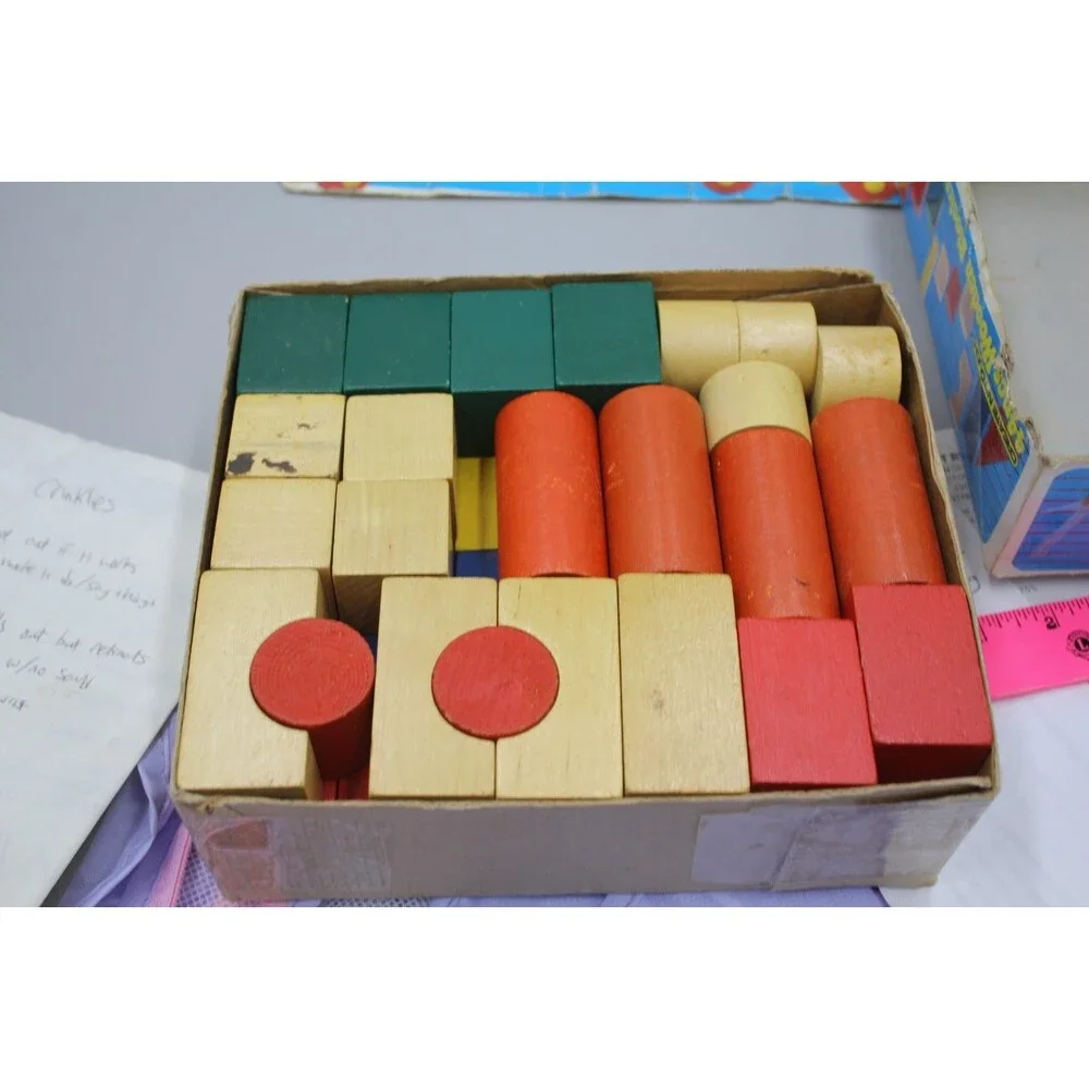 My Kids 44pc Wooden Blocks + Train Pull Vintage Set Primary Toddler Montessori
